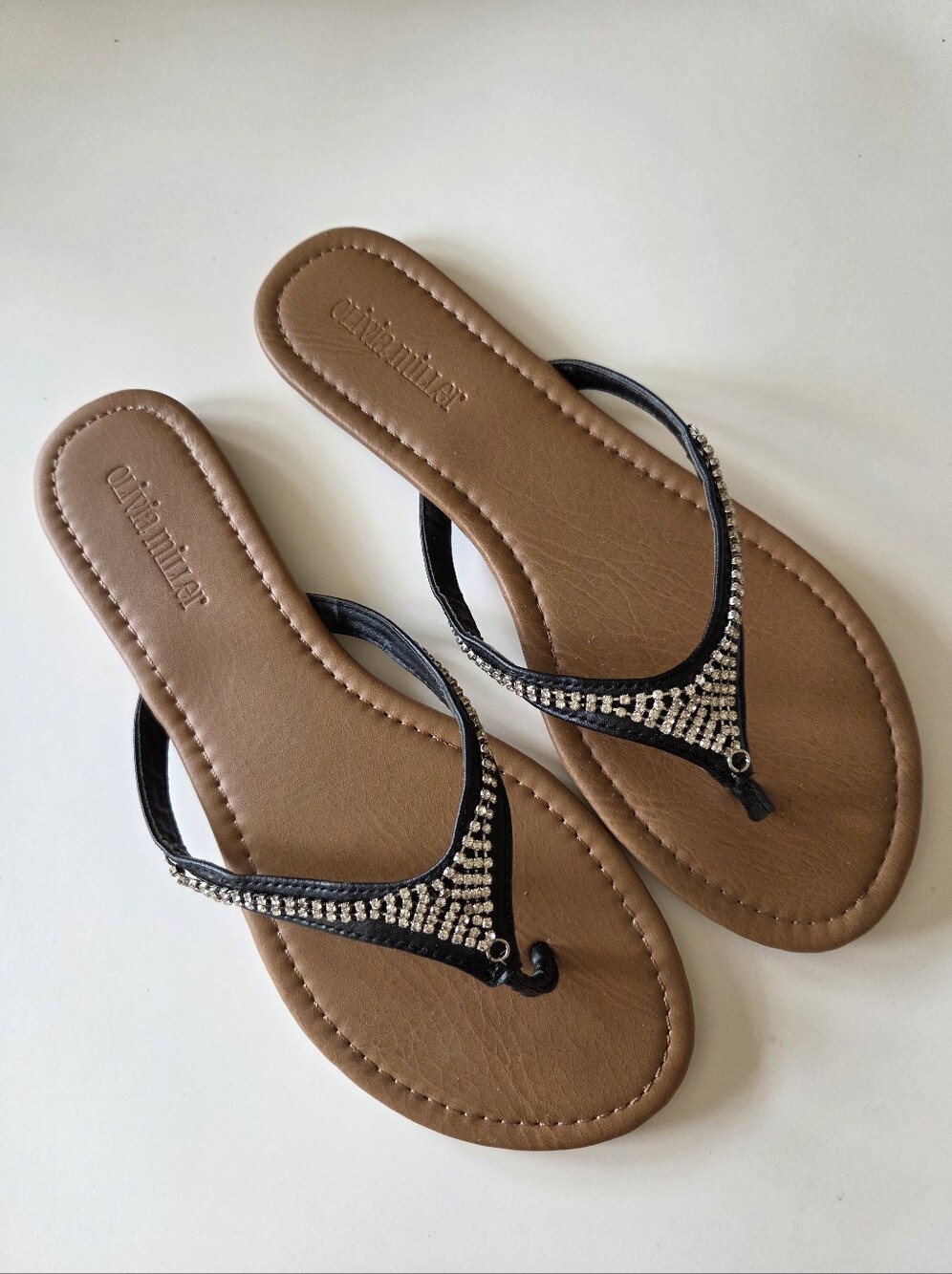 Olivia Miller Black Faux-Leather Rhinestone Flip Flop Sandals